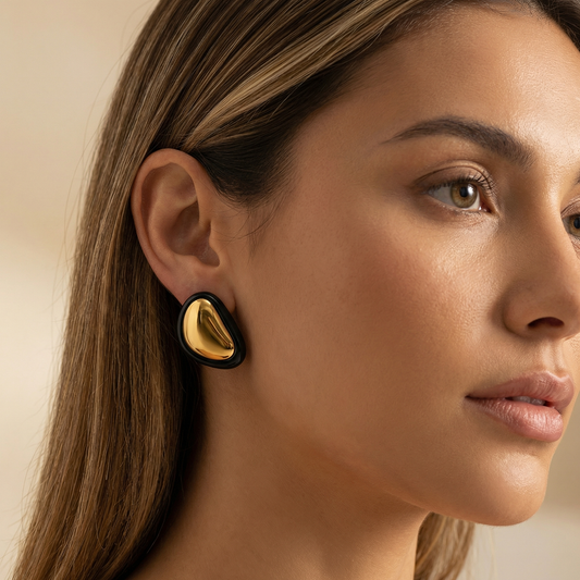 Luxury Irregular Gold Statement Stud Earrings with Black Frame | Modern Stainless Steel Designer Earrings
