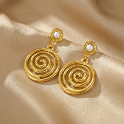 Elegant Spiral Drop Earrings in Gold with Pearl Detail | Lightweight Statement Earrings for Everyday & Occasion Wear