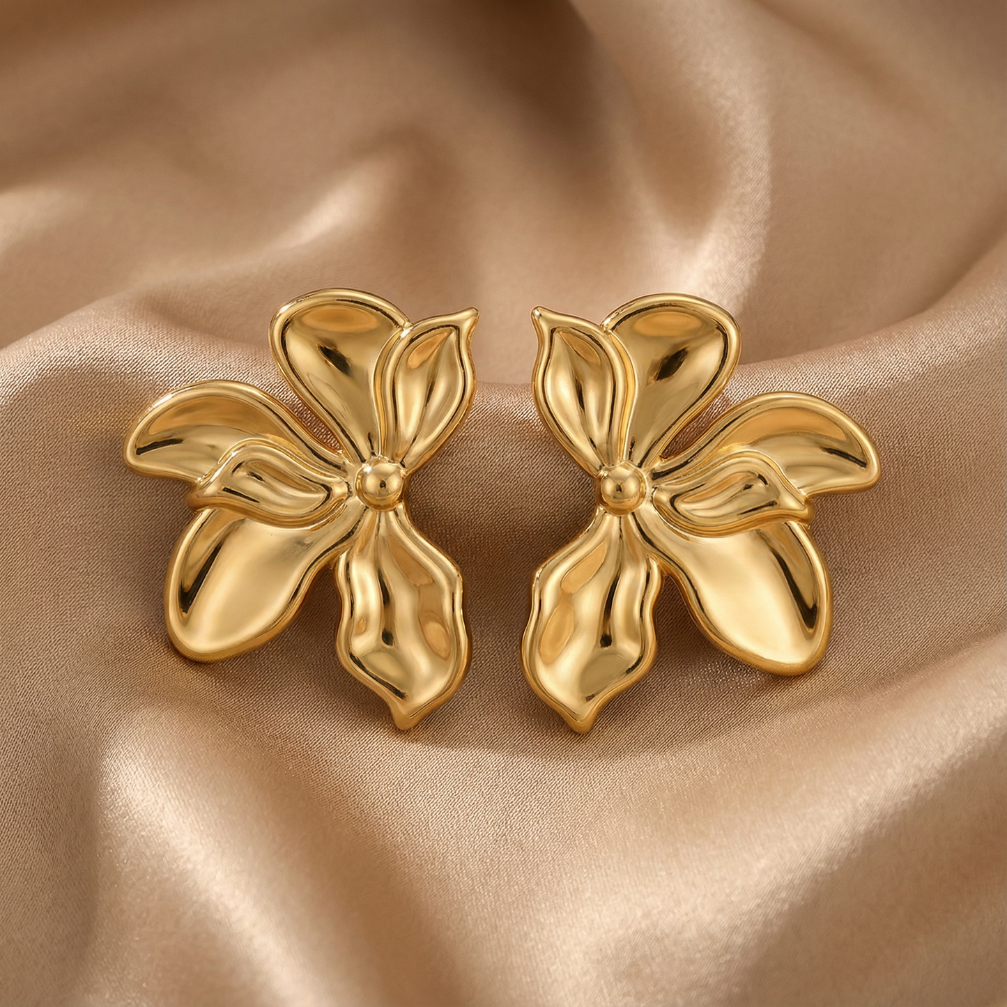 Gold Floral Statement Stud Earrings for Women | Polished Stainless Steel Earrings | Modern Sculptural Flower Design