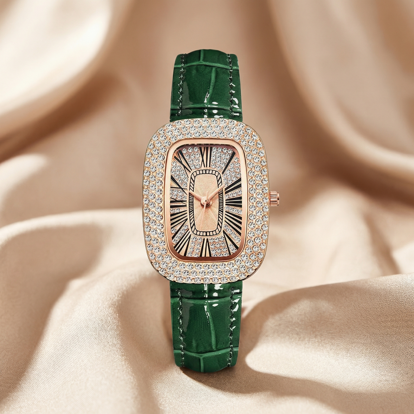 Crystal Rectangular Statement Watch with Crocodile-Style Strap in Red, Black & Green | Elegant Quartz Watch with Diamond-Style Bezel
