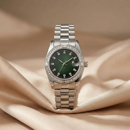 Crystal Date Bracelet Watch in Silver with White, Blue, Green, Red & Black Dial | Stainless Steel Quartz Watch