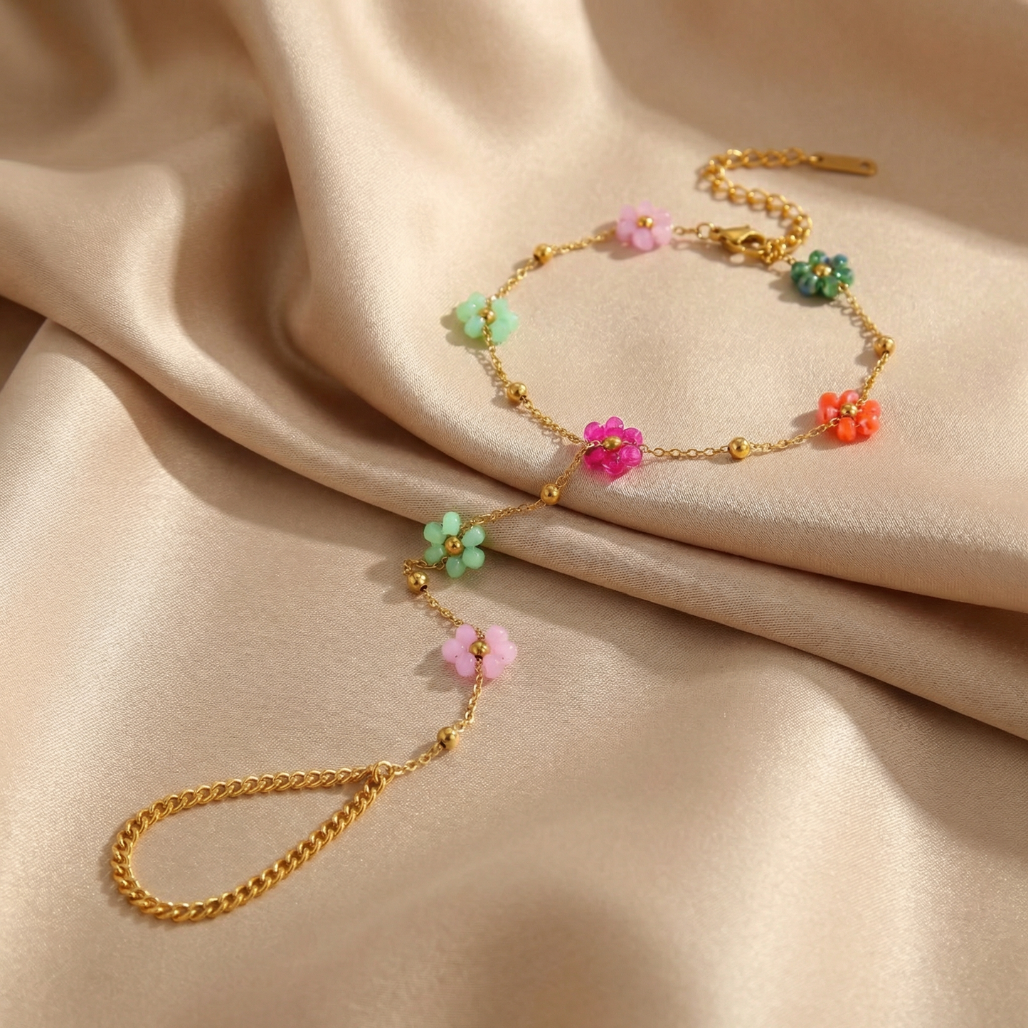 Colorful Floral Beaded Bracelet in Gold with Pastel Details | Cute Adjustable Women’s Bracelet for Spring & Summer