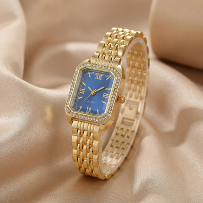Gold Rectangular Bracelet Watch for Women | Crystal Bezel Stainless Steel Watch | Roman Dial