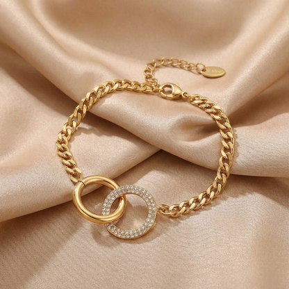 Luxury Interlocking Circle Zircon Bracelet in Gold & Silver | Elegant Stainless Steel Double Ring Chain Bracelet