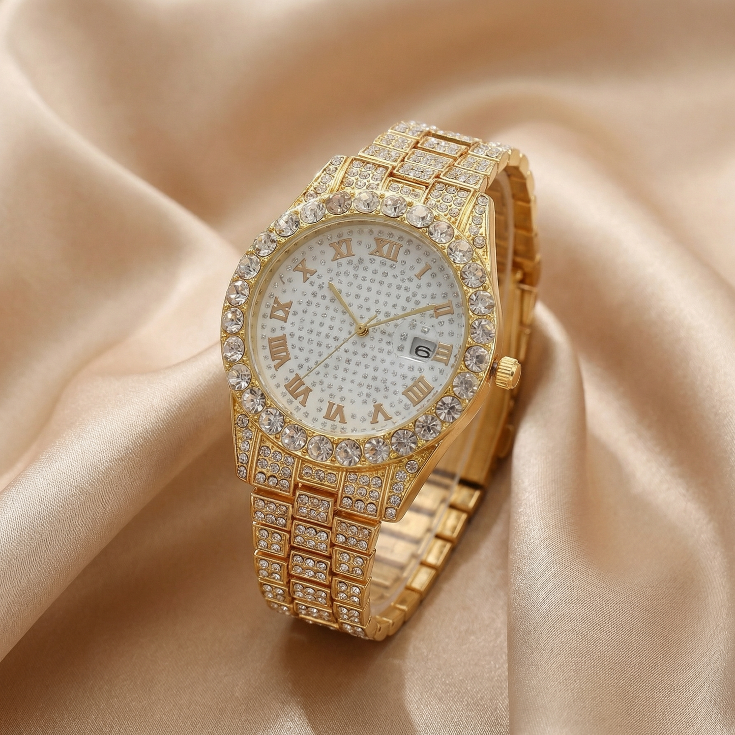Luxury Crystal Roman Dial Watch in Gold, Silver & Rose Gold | Statement Diamond Timepiece with Date Display