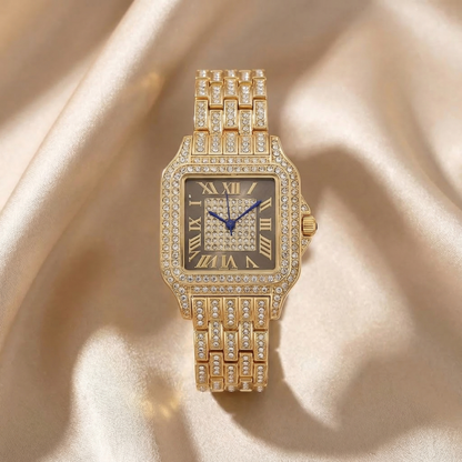 Luxury Crystal Square Watch in Gold | Diamond Roman Dial Statement Timepiece