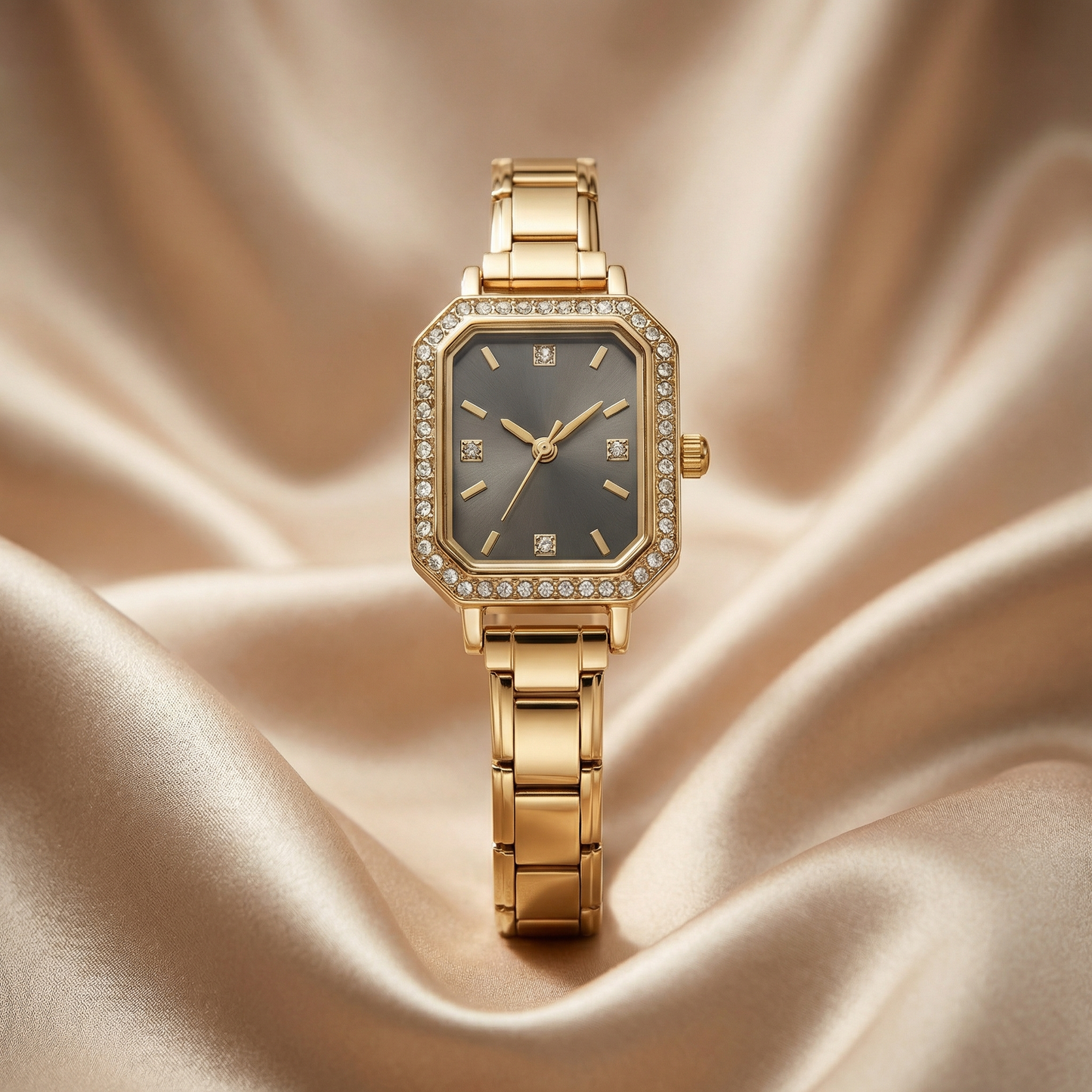 Gold Crystal Rectangle Watch for Women | Gold Stainless Steel Watch | Gold Champagne Black Dial Timepiece