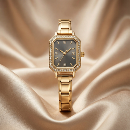 Gold Crystal Rectangle Watch for Women | Gold Stainless Steel Watch | Gold Champagne Black Dial Timepiece