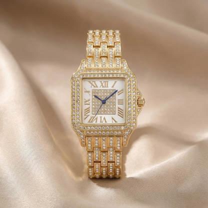 Luxury Crystal Square Watch in Gold | Diamond Roman Dial Statement Timepiece