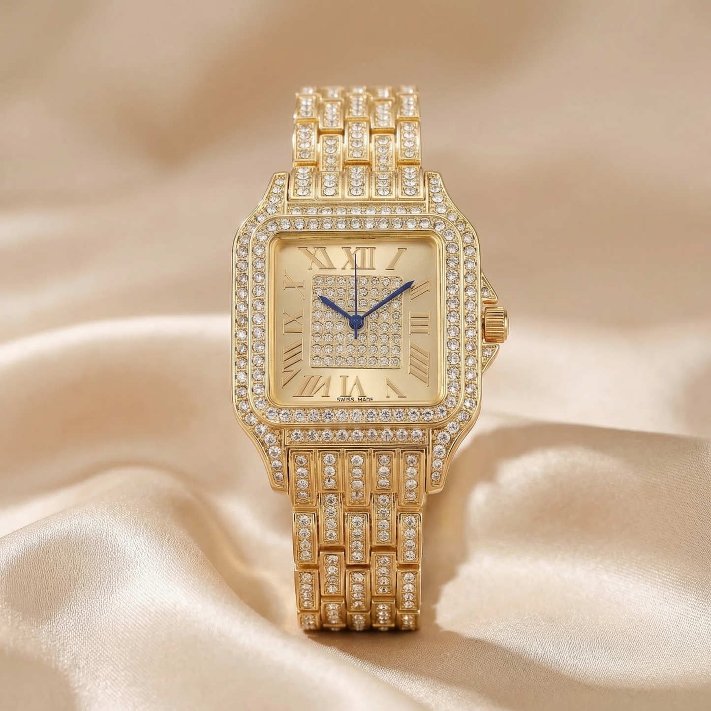 Luxury Crystal Square Watch in Gold | Diamond Roman Dial Statement Timepiece
