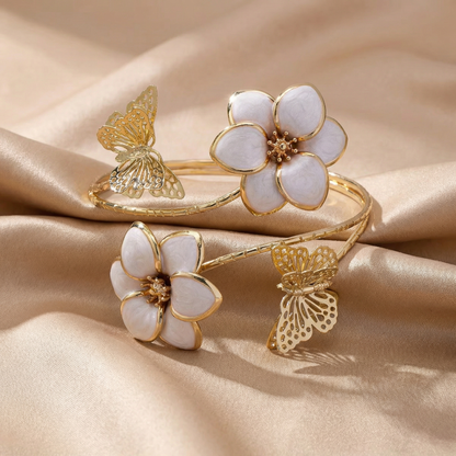 Luxury Floral Butterfly Cuff Bracelet in Gold | Open Adjustable Statement Bangle with White Enamel Flowers