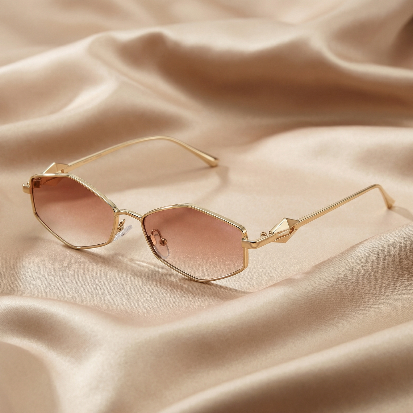 Luxury Geometric Rimless Sunglasses in Gold with Black, Green, Brown, Pink & Gradient Lenses | Elegant Minimalist Designer Eyewear