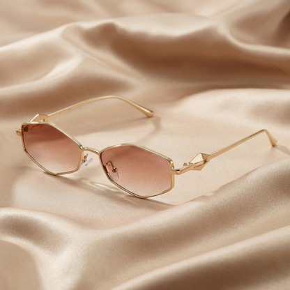 Luxury Geometric Rimless Sunglasses in Gold with Black, Green, Brown, Pink & Gradient Lenses | Elegant Minimalist Designer Eyewear