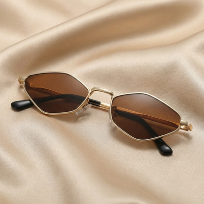Modern Slim Hexagon Sunglasses in Gold with Green, Black & Brown Lenses | Lightweight Minimalist Metal Frame