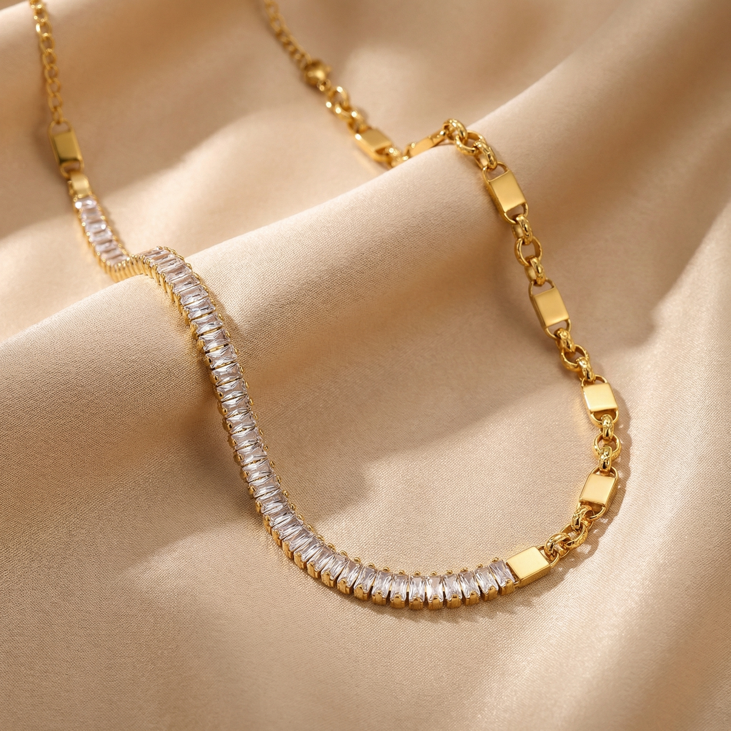 Gold Silver Crystal Chain Necklace for Women | Stainless Steel Necklace | Zircon Stone Detail