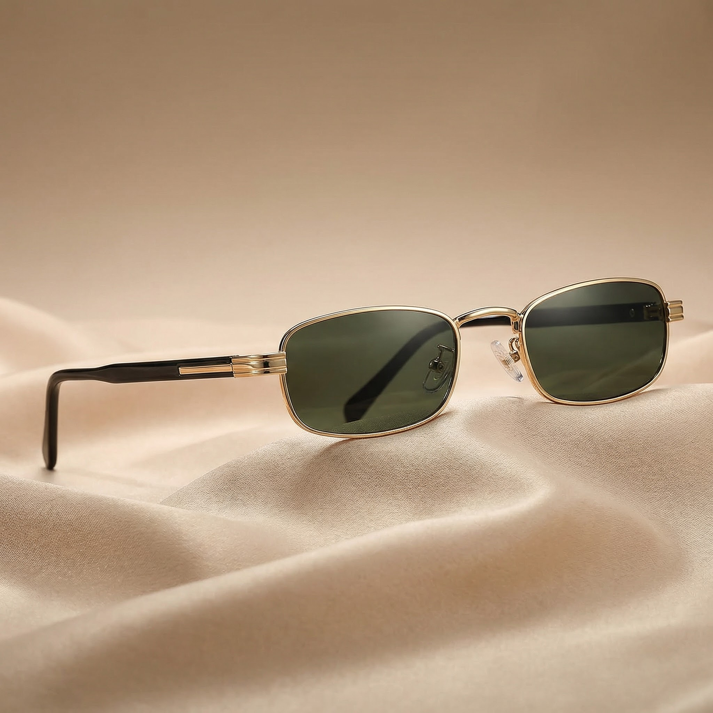 Luxury Rectangular Sunglasses in Gold with Green & Brown Lenses | Elegant Metal Frame Fashion Sunglasses for Spring & Summer Style