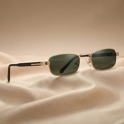 Luxury Rectangular Sunglasses in Gold with Green & Brown Lenses | Elegant Metal Frame Fashion Sunglasses for Spring & Summer Style