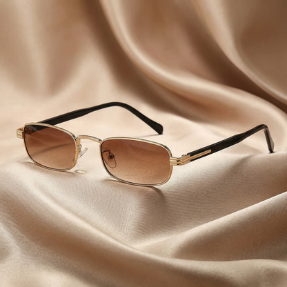 Luxury Rectangular Sunglasses in Gold with Green & Brown Lenses | Elegant Metal Frame Fashion Sunglasses for Spring & Summer Style