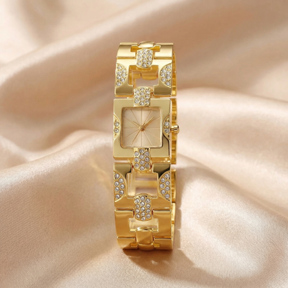 Luxury Square Crystal Link Bracelet Watch with Sunburst Dial | Elegant Geometric Women’s Timepiece in Gold & Silver