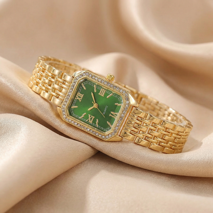 Gold Rectangular Bracelet Watch for Women | Crystal Bezel Stainless Steel Watch | Roman Dial