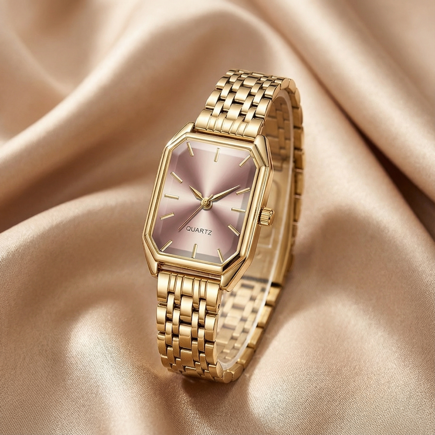 Gold Rectangular Women’s Watch | Stainless Steel Bracelet | Black Green Pink Dial Options | Elegant Modern Timepiece