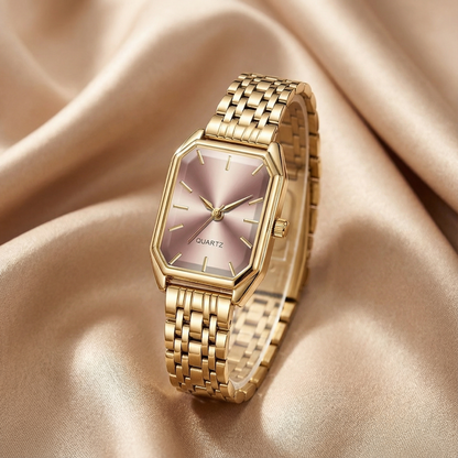 Gold Rectangular Women’s Watch | Stainless Steel Bracelet | Black Green Pink Dial Options | Elegant Modern Timepiece