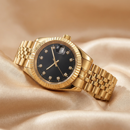 Modern Gold Date Watch with Crystal Dial | Elegant Statement Timepiece in Gold, Silver & Black