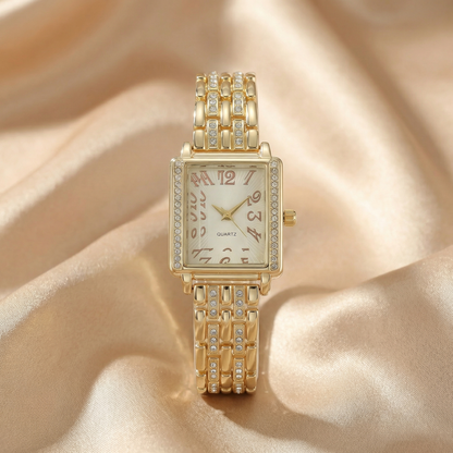 Elegant Rectangular Quartz Watch in Gold & Silver | Stainless Steel Watch with Crystal Bezel and Classic Dial