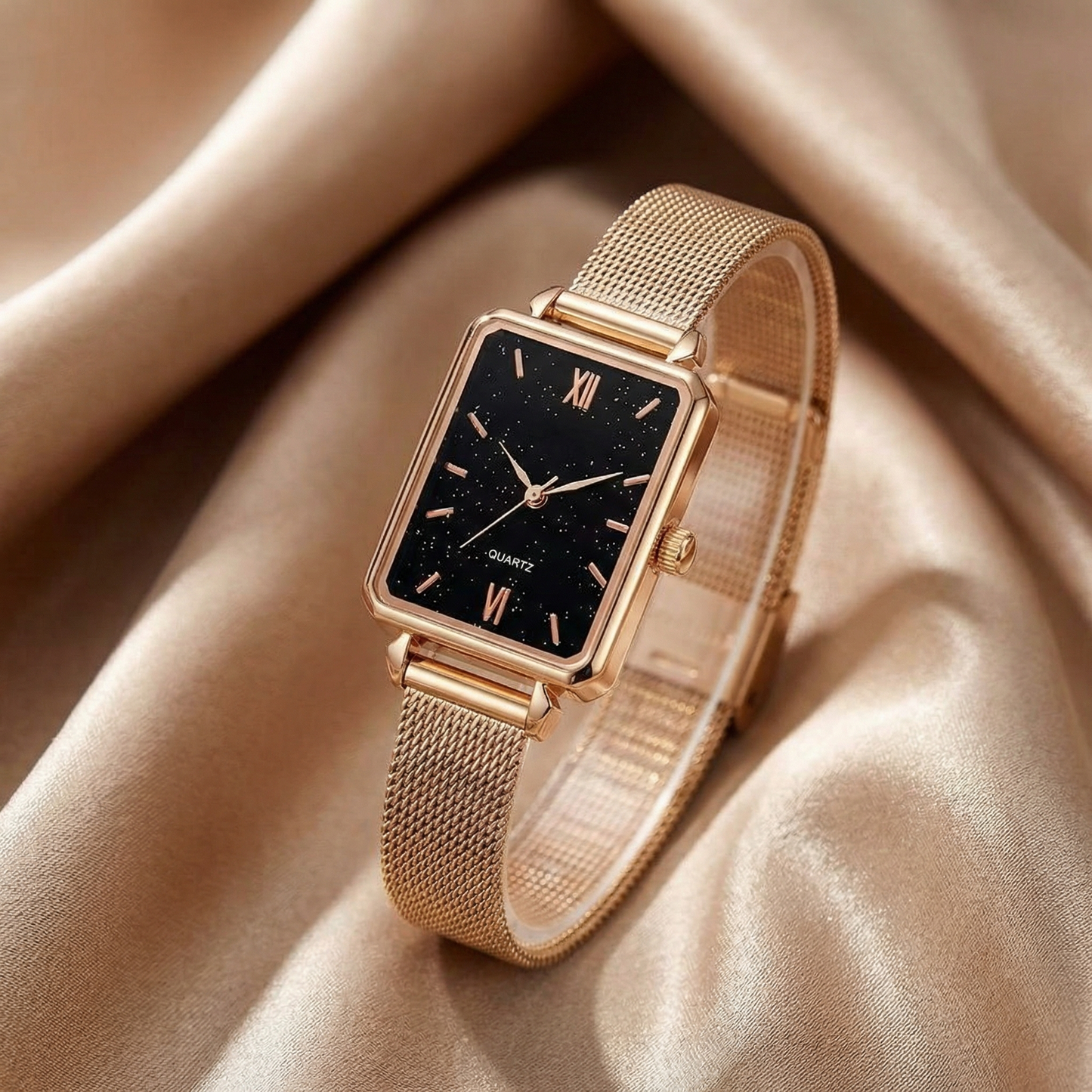 Rose Gold Rectangular Mesh Watch for Women | Rose Gold Stainless Steel Watch | Black Marble Brown Dial Options | Minimalist Timepiece