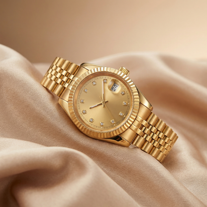 Modern Gold Date Watch with Crystal Dial | Elegant Statement Timepiece in Gold, Silver & Black