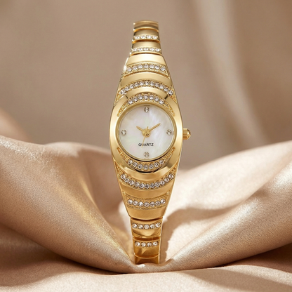 Elegant Crystal Oval Watch with Mother-of-Pearl Dial | Gold Rose Gold & Silver Quartz Bracelet Watch | Luxury Statement Timepiece