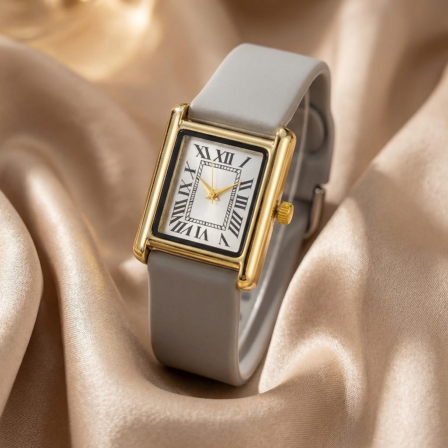 Rectangular Gold Case Watch with Silicone Strap | Roman Numeral Dial Quartz Watch | Minimal Elegant Everyday Timepiece