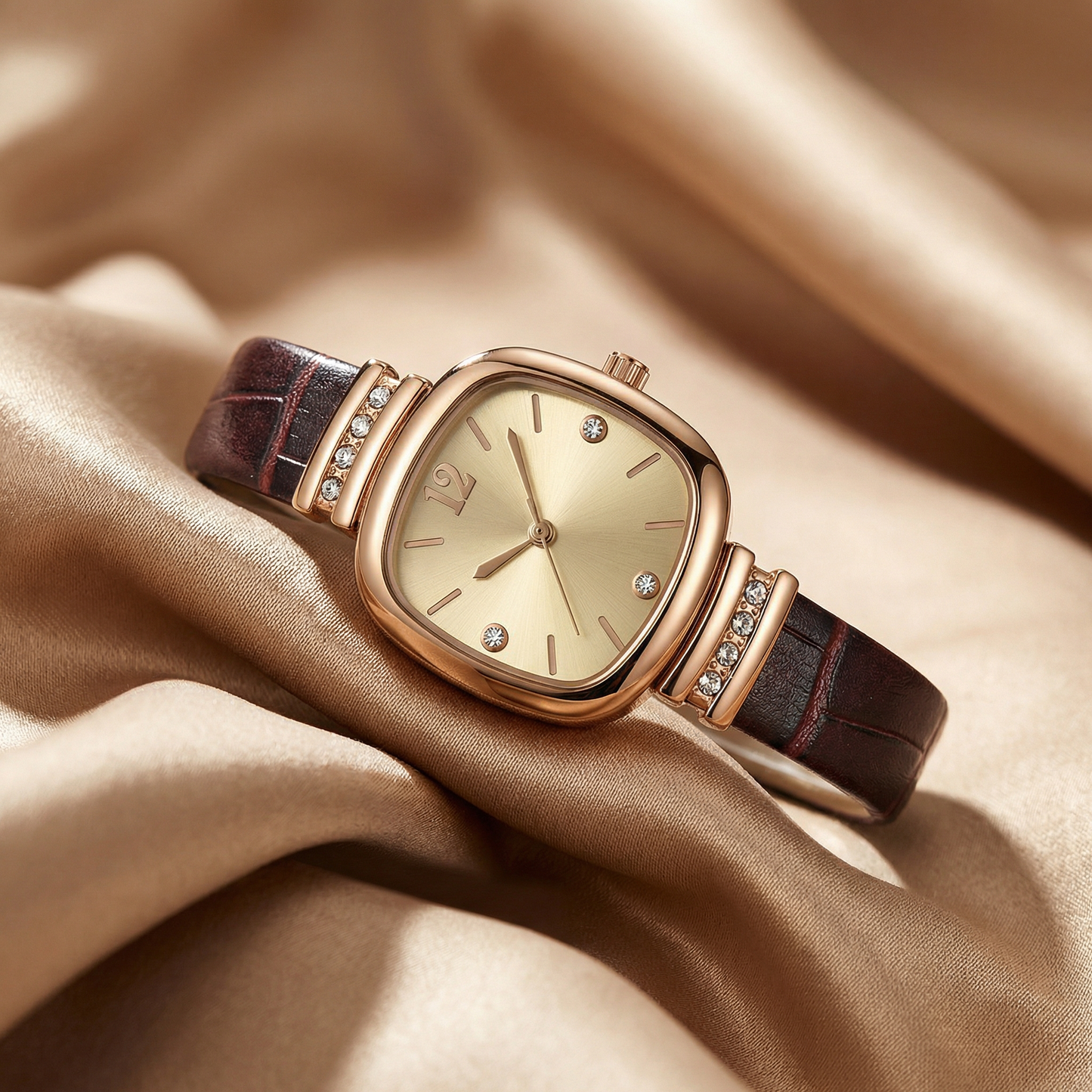 Rose Gold Square Leather Strap Watch | Champagne Dial Quartz Watch with Crystal Accents | Elegant Classic Timepiece