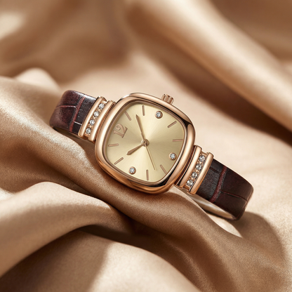 Rose Gold Square Leather Strap Watch | Champagne Dial Quartz Watch with Crystal Accents | Elegant Classic Timepiece