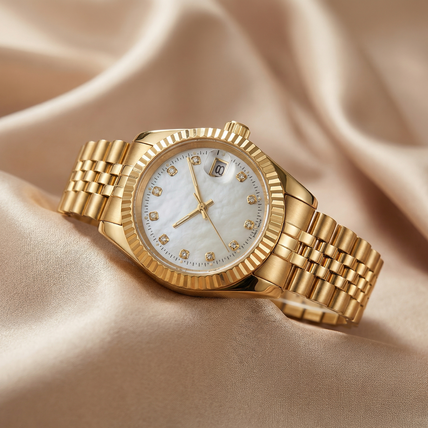 Modern Gold Date Watch with Crystal Dial | Elegant Statement Timepiece in Gold, Silver & Black