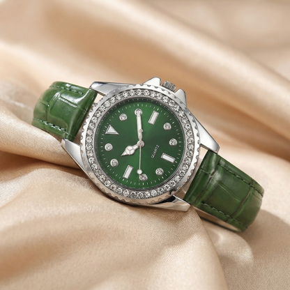 Crystal Bezel Watch with Colored Dial and Croc-Texture Strap | Elegant Silver Case Timepiece