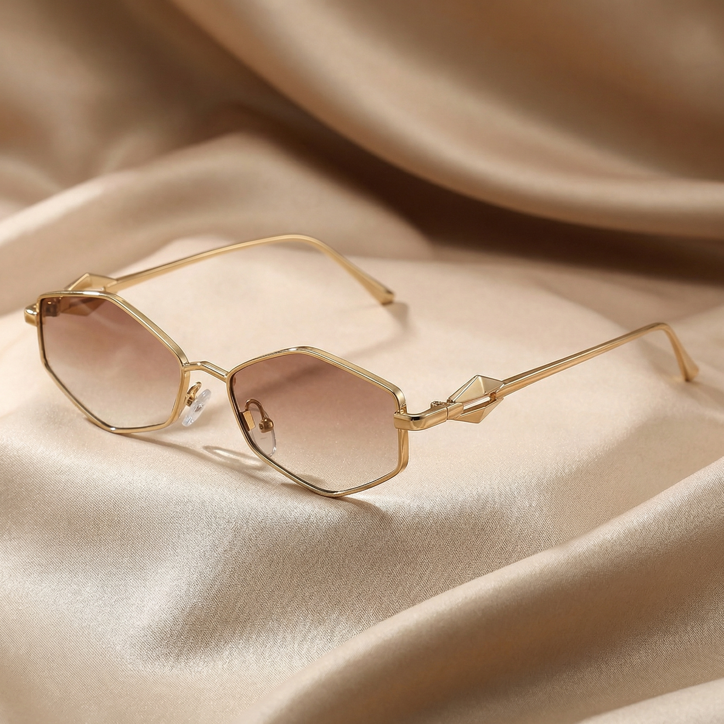 Luxury Geometric Rimless Sunglasses in Gold with Black, Green, Brown, Pink & Gradient Lenses | Elegant Minimalist Designer Eyewear