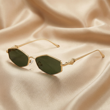 Luxury Geometric Rimless Sunglasses in Gold with Black, Green, Brown, Pink & Gradient Lenses | Elegant Minimalist Designer Eyewear