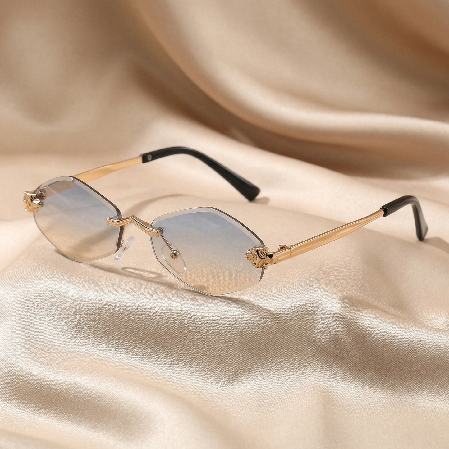 Luxury Rimless Hexagon Sunglasses in Gold with Gradient Lenses | Elegant Designer Metal Frame Sunglasses