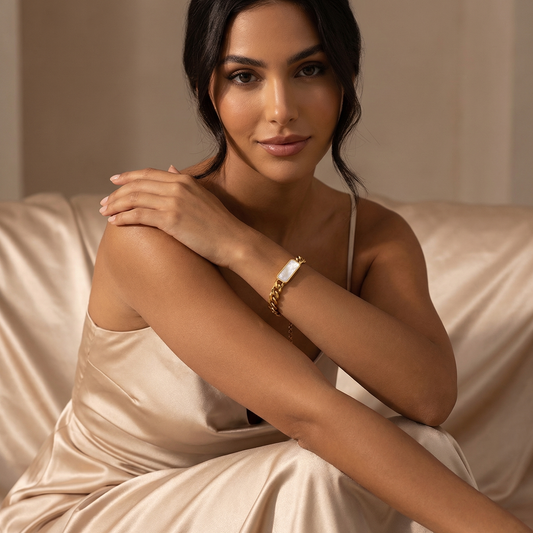 Luxury Gold Cuban Chain Bracelet with Pearl Bar | Elegant Adjustable Statement Jewellery for Women