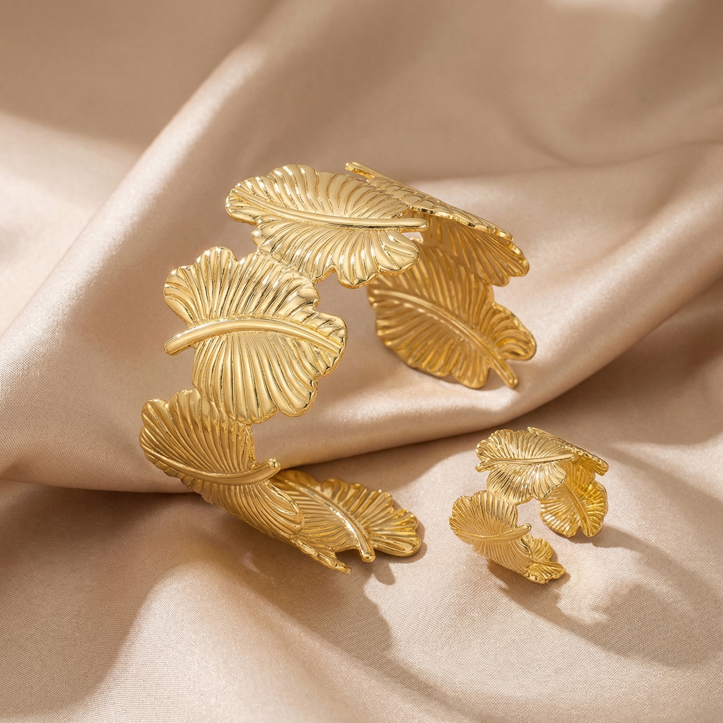Luxury Sculpted Leaf Cuff Bracelet & Ring Set in Gold | Nature-Inspired Statement Jewelry