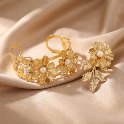 Luxury Floral Pearl Cuff Bracelet & Ring Set in Gold | Elegant Nature-Inspired Design