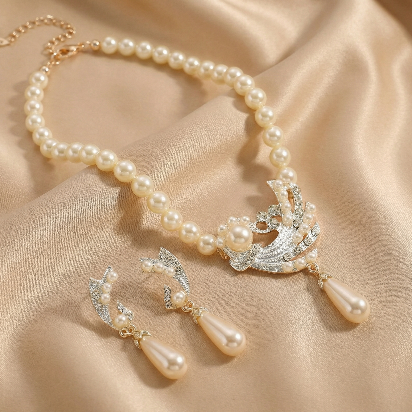 Elegant Pearl Statement Necklace & Earring Set | Timeless Bridal-Inspired Jewellery