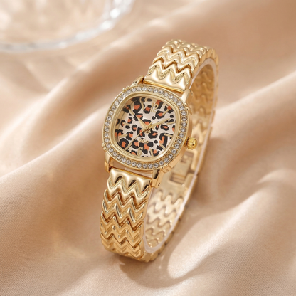 Luxury Leopard Dial Crystal Bezel Bracelet Watch | Elegant Gold Statement Timepiece with Textured Band