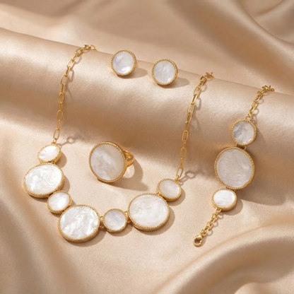 Luxury Pearl Disc Jewellery Set in Gold | Elegant Necklace, Bracelet, Ring & Earrings Collection
