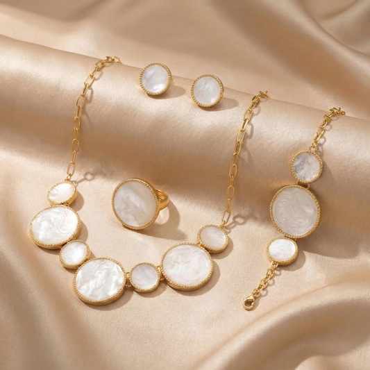 Luxury Pearl Disc Jewellery Set in Gold | Elegant Necklace, Bracelet, Ring & Earrings Collection