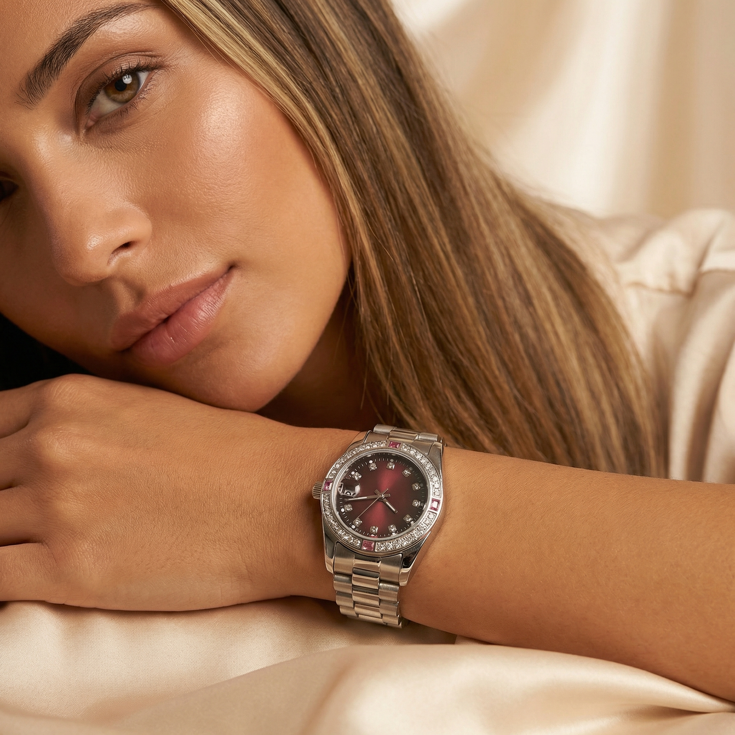 Crystal Date Bracelet Watch in Silver with White, Blue, Green, Red & Black Dial | Stainless Steel Quartz Watch