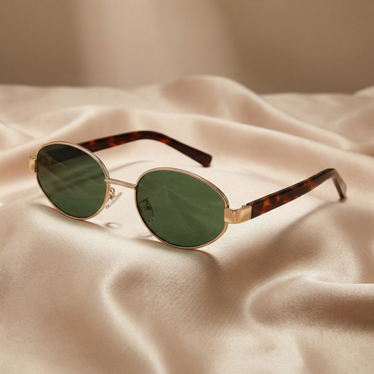 Oval Statement Sunglasses in Gold with Green & Brown Lenses | Modern Chic Eyewear