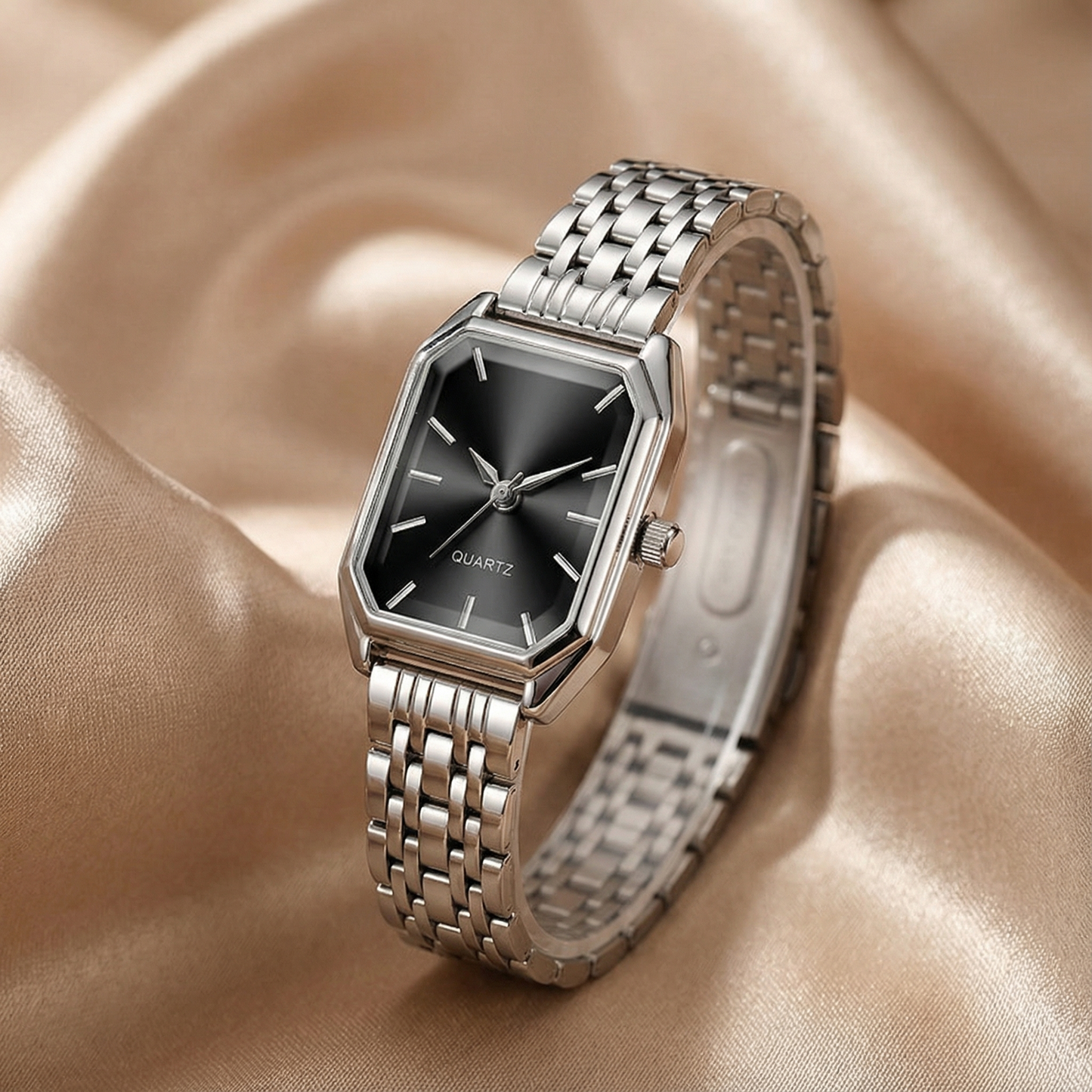 Silver Rectangular Watch for Women | Stainless Steel Bracelet Watch | Black Blue Silver Dial Options | Modern Minimalist Timepiece