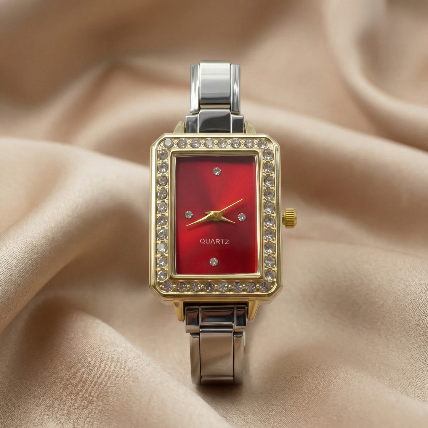 Gold & Silver Rectangular Stainless Steel Watch with Crystal Bezel | White Green Red Dial | Elegant Quartz Timepiece